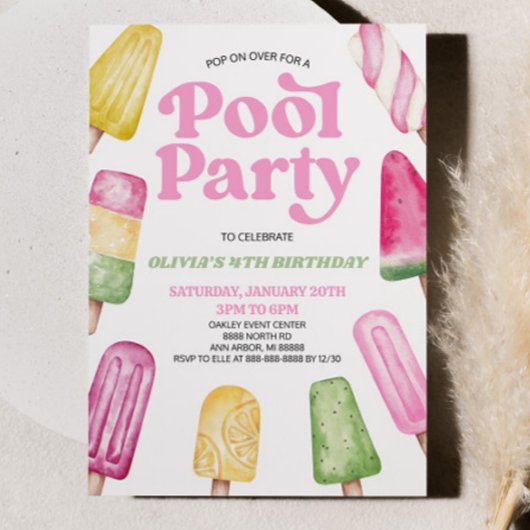 Invitation Pink Green Pool Party Popsicle Anniversaire