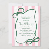 Invitation Pink Green Striped Bow Cute Baby Shower Whimsical (Devant)
