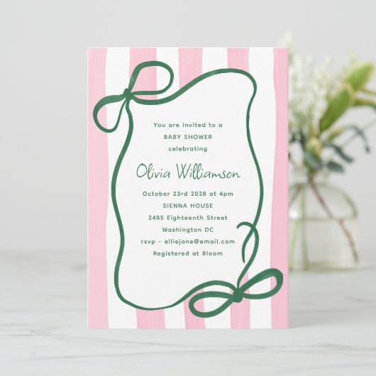 Invitation Pink Green Striped Bow Cute Baby Shower Whimsical (Debout devant)
