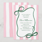 Invitation Pink Green Striped Bow Cute Baby Shower Whimsical (Devant / Derrière)