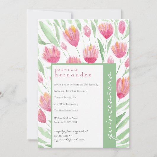 Invitation Pink Green Tulip Floral Aquarelle Quinceañera (Devant)