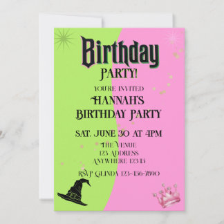 Invitation Pink/Green Witch Hat & Princess Crown Birthday