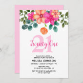 Invitation Pink Greenery Flower 21e anniversaire (Devant / Derrière)