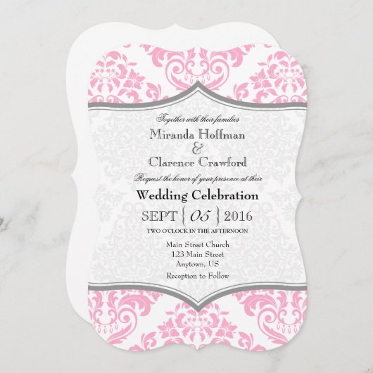 Invitation Pink Grey Damask Mariage de crochet (Devant / Derrière)