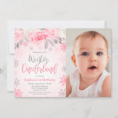 Invitation Pink Grey Floral Winter ONE derland Anniversaire P (Devant)