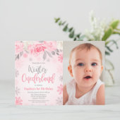 Invitation Pink Grey Floral Winter ONE derland Anniversaire P (Debout devant)