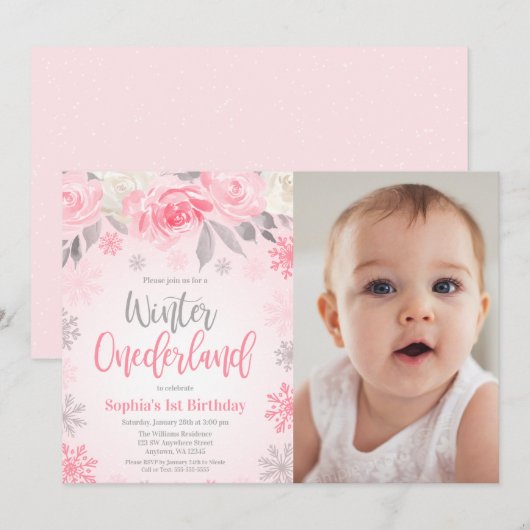 Invitation Pink Grey Floral Winter ONE derland Anniversaire P (Devant / Derrière)