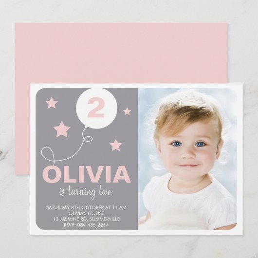 Invitation Pink & Grey Jote Dreamer Enfants Photo Anniversair (Devant / Derrière)