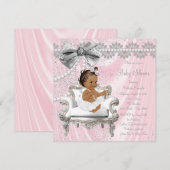 Invitation Pink Grey Pearl Chaire Ethnic Girl Baby shower (Devant / Derrière)