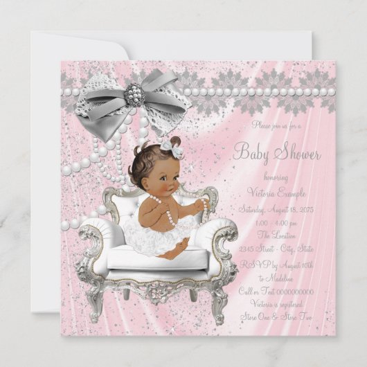 Invitation Pink Grey Pearl Chaire Ethnic Girl Baby shower (Devant)