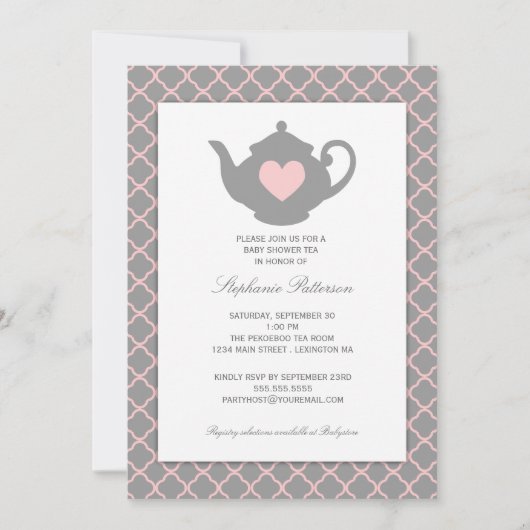 Invitation Pink + Grey Quatrefoil Baby shower Tea Party (Devant)