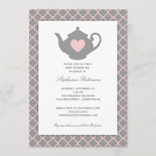 Invitation Pink + Grey Quatrefoil Baby shower Tea Party