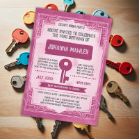 Pink Grunge Escape Room Key Birday Party Invitat