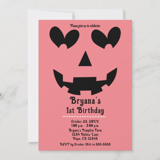 Invitation Pink Halloween Citrouille Heart yeux fête d'annive (Devant)