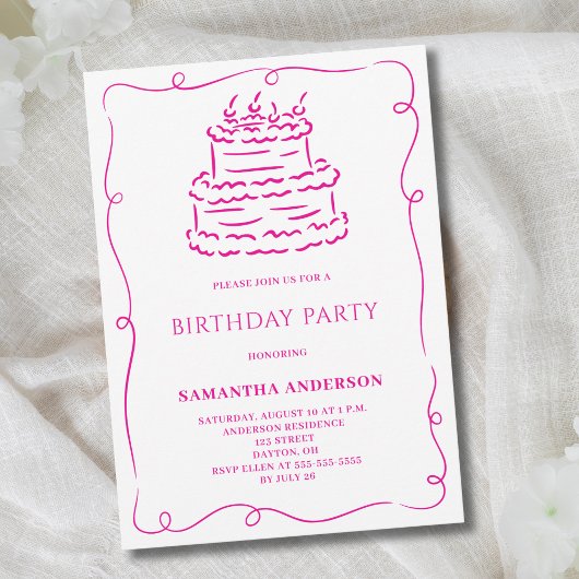Invitation Pink Hand Drale Doodle Cake Anniversaire
