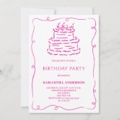 Invitation Pink Hand Drale Doodle Cake Anniversaire (Devant)