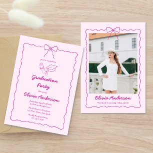 Invitation Pink Hand-Drawn Bow & Squiggle Photo Graduation