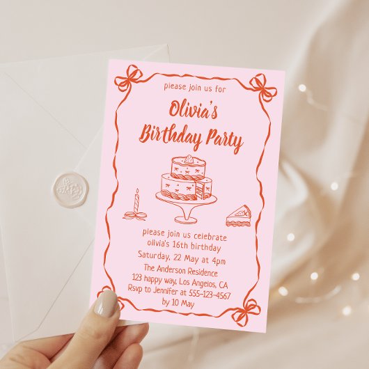 Invitation Pink Hand-Drawn Cake & Ribbon Border Birthday 
