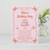 Invitation Pink Hand-Drawn Cake & Ribbon Border Birthday  (Debout devant)