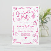 Invitation Pink Hand Drawn Doodles Graduation Fun White Party (Debout devant)