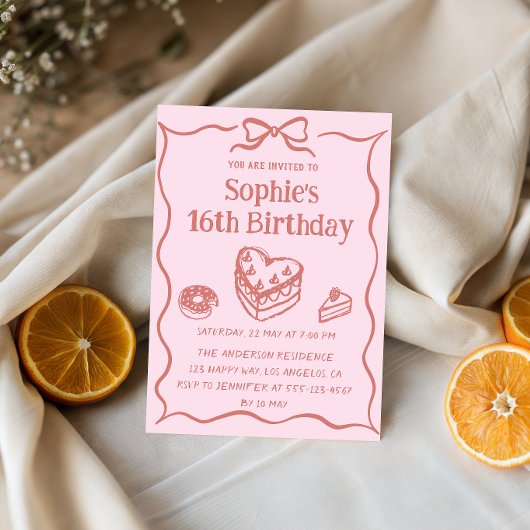 Invitation Pink Hand-Drawn Sweets Sweet 16 Birthday 