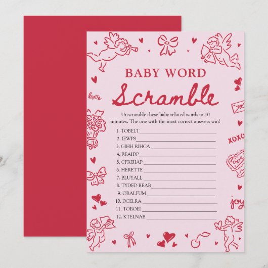 Invitation Pink Hand Drawn Valentine Baby Word Scramble Game (Devant / Derrière)