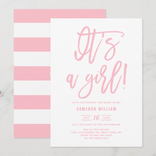 Invitation Pink Hand Lettered C'est un Baby shower de fille (Devant / Derrière)