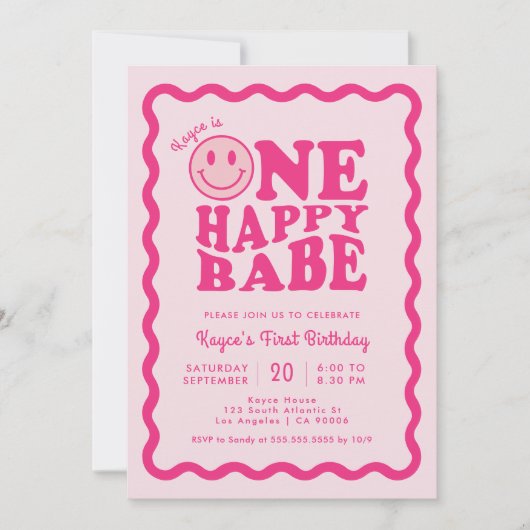 Invitation Pink Happy Face One Happy Babe Girl 1er anniversai (Devant)