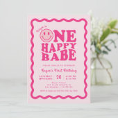 Invitation Pink Happy Face One Happy Babe Girl 1er anniversai (Debout devant)