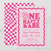 Invitation Pink Happy Face One Happy Babe Girl 1er anniversai (Devant / Derrière)