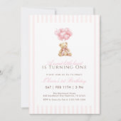 Invitation Pink Heart Balloon Teddy Bear 1st Birthday (Devant)