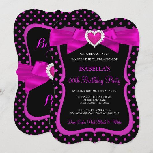 Invitation Pink Heart Bow Black Pois fête d'anniversaire (Devant / Derrière)