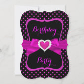 Invitation Pink Heart Bow Black Pois fête d'anniversaire (Dos)
