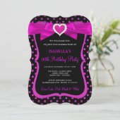 Invitation Pink Heart Bow Black Pois fête d'anniversaire (Debout devant)