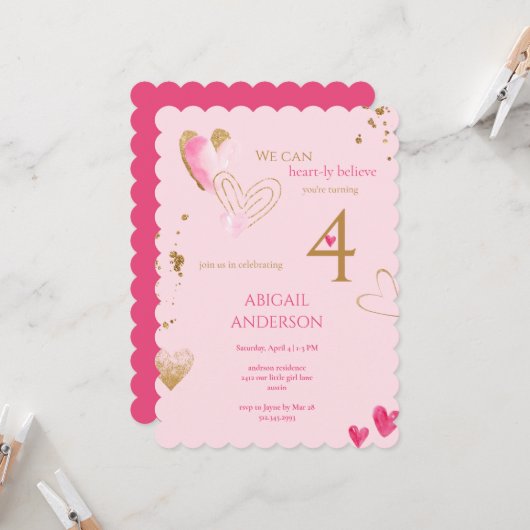 Invitation Pink Heart-ly Believe Birthday Party (Devant/Arrière en situation)