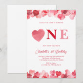Invitation Pink Heart One First Girl Birthday  (Devant / Derrière)
