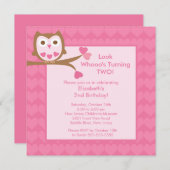 Invitation Pink Heart Owl Birthday Kithday (Devant / Derrière)