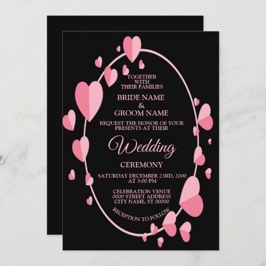 Invitation Pink Heart Pattern Black Geometric Elegant Wedding (Devant / Derrière)