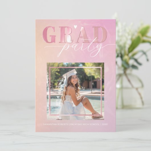Invitation Pink Heart Script High School Graduation Party (Debout devant)