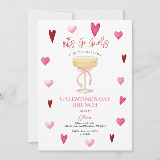 Invitation Pink Hearts & Champagne Glass Girls’ Night (Devant)