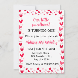 Invitation Pink Hearts Our Little Sweetheart Birthday Invite 