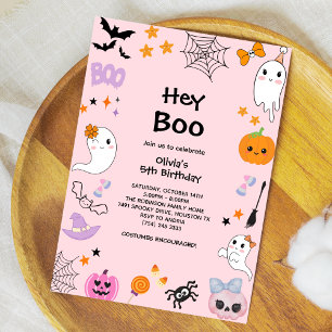 Invitation Pink Hey Boo Cute Ghost Halloween 5e anniversaire