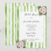 Invitation Pink Hibiscus Floral Green Stripes Bridal Shower (Devant / Derrière)
