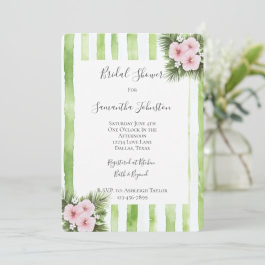 Invitation Pink Hibiscus Floral Green Stripes Bridal Shower (Debout devant)