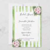Invitation Pink Hibiscus Floral Green Stripes Bridal Shower (Devant)