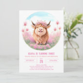 Invitation Pink Highland Cow Meadow Magie Anniversaire (Debout devant)