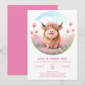 Invitation Pink Highland Cow Meadow Magie Anniversaire (Devant / Derrière)