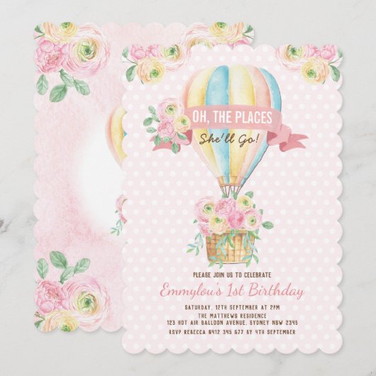 Invitation Pink Hot Air Balloon Floral Aventure Anniversaire (Devant / Derrière)