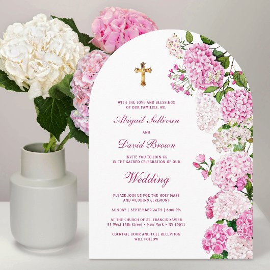 Invitation Pink Hydrangea Arch Religious Wedding