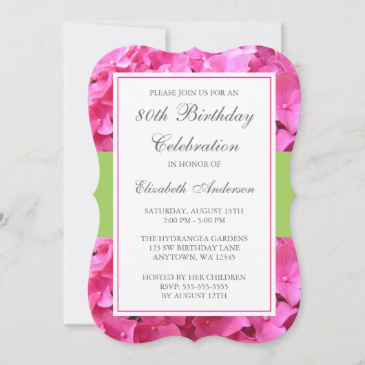 Invitation Pink Hydrangea Border Green 80th Birthday Party (Devant)
